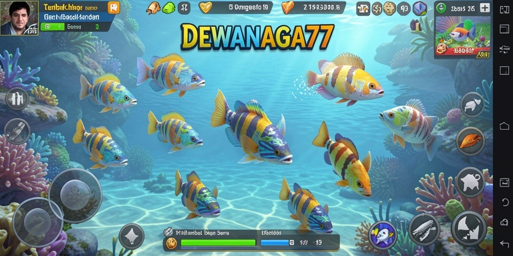 Tampilan screenshot DEWANAGA77 menampilkan aksi tembak ikan yang seru.