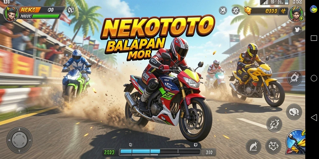 Screenshot gameplay NEKOTOTO menampilkan balapan motor yang seru dan dinamis.