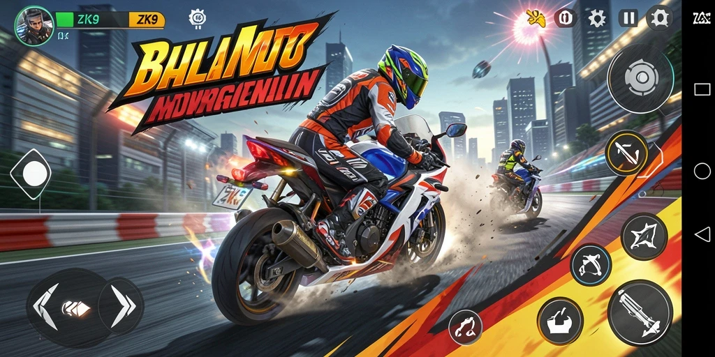 Screenshot ZK9 menampilkan aksi balap motor yang seru dan realistis.
